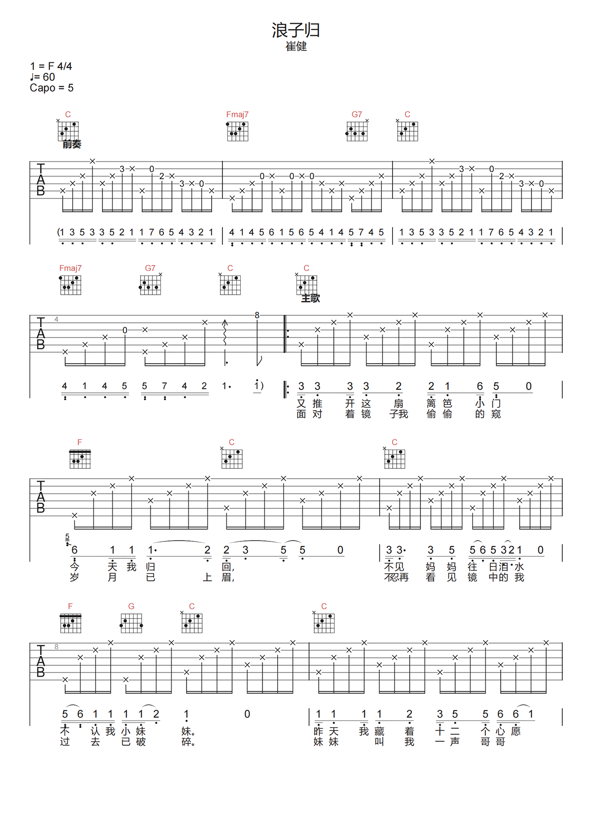 浪子归吉他谱-崔健《浪子归》C调图片谱-原版六线谱
