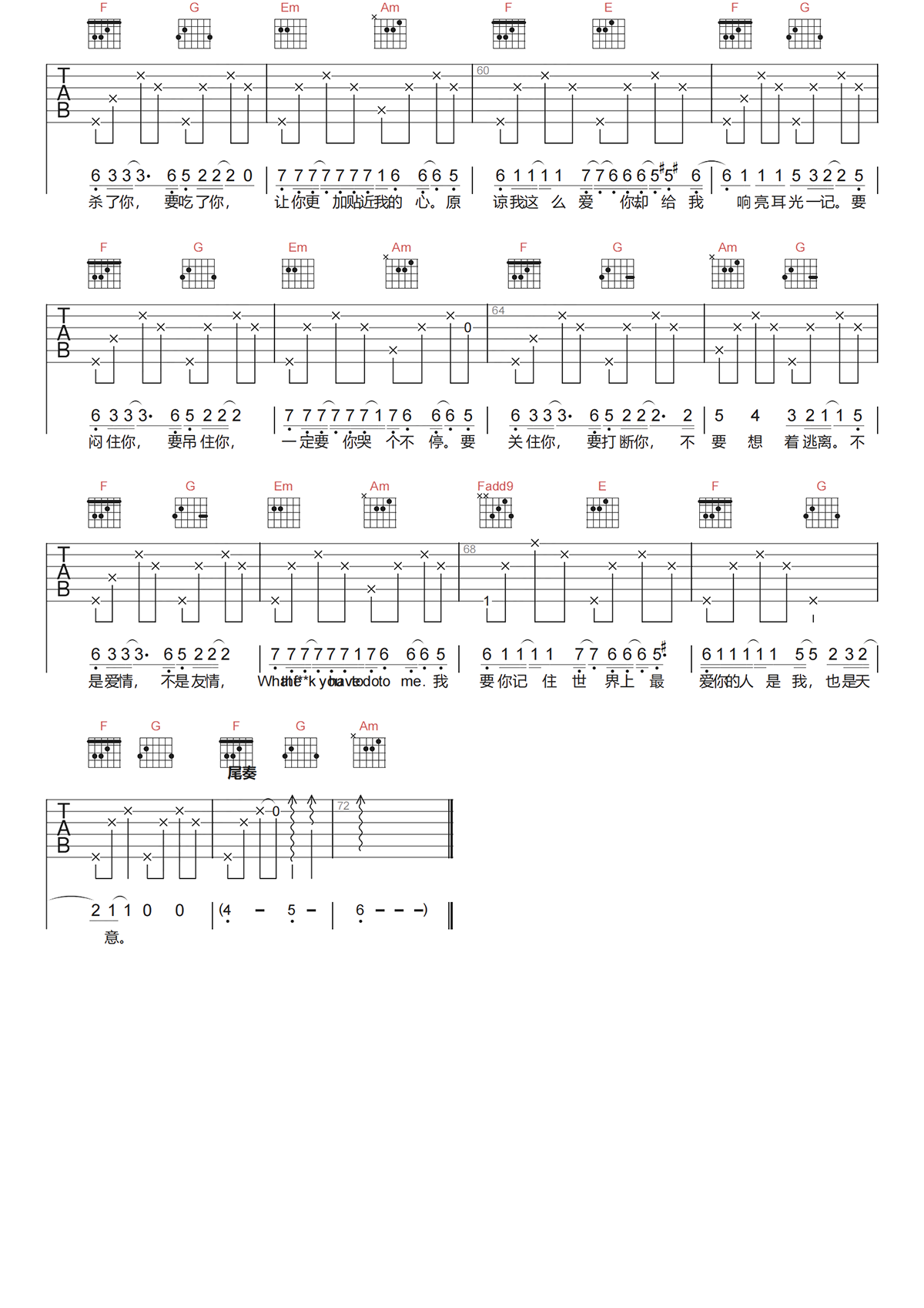 天蝎吉他谱-沈以诚《天蝎》C调图片谱-原版六线谱