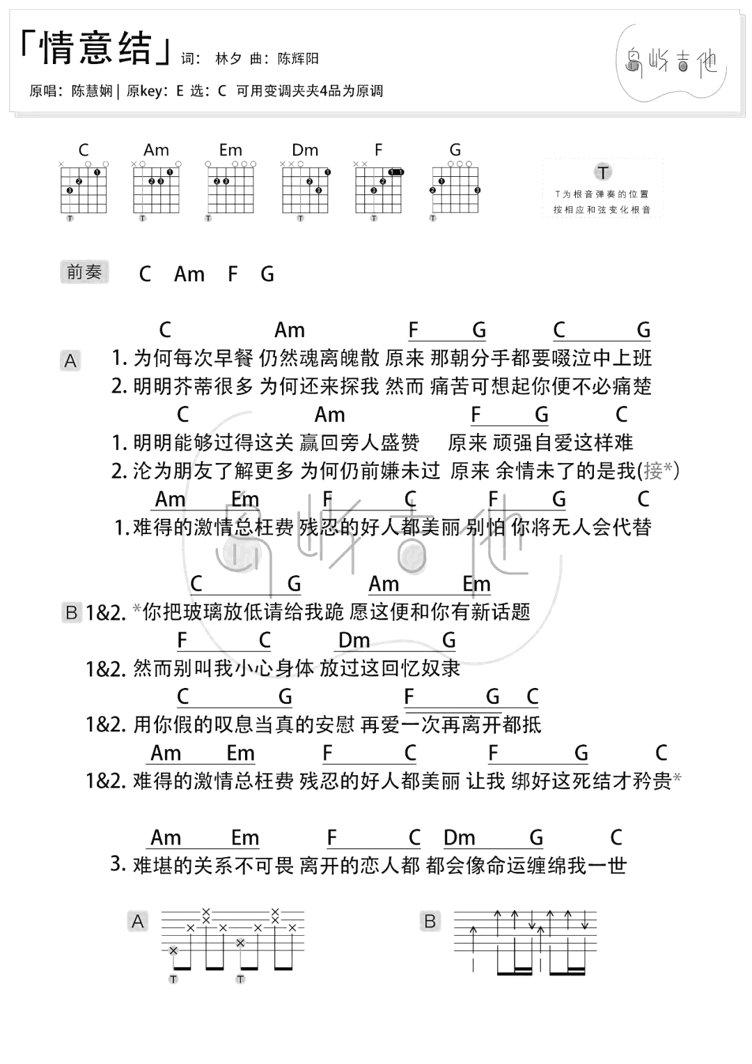 情意结吉他谱C调-陈慧娴《情意结》完整原版六线谱