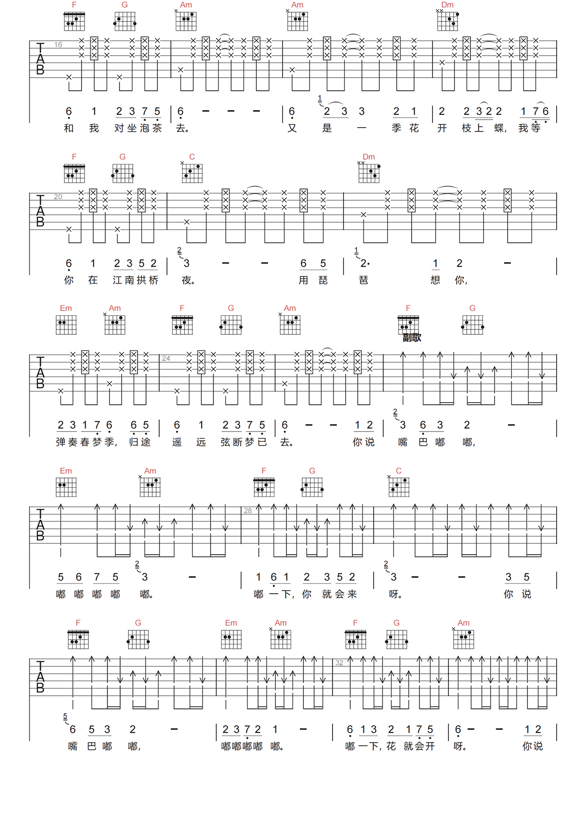 刘子璇《嘴巴嘟嘟吉他谱》C调高清原版六线谱