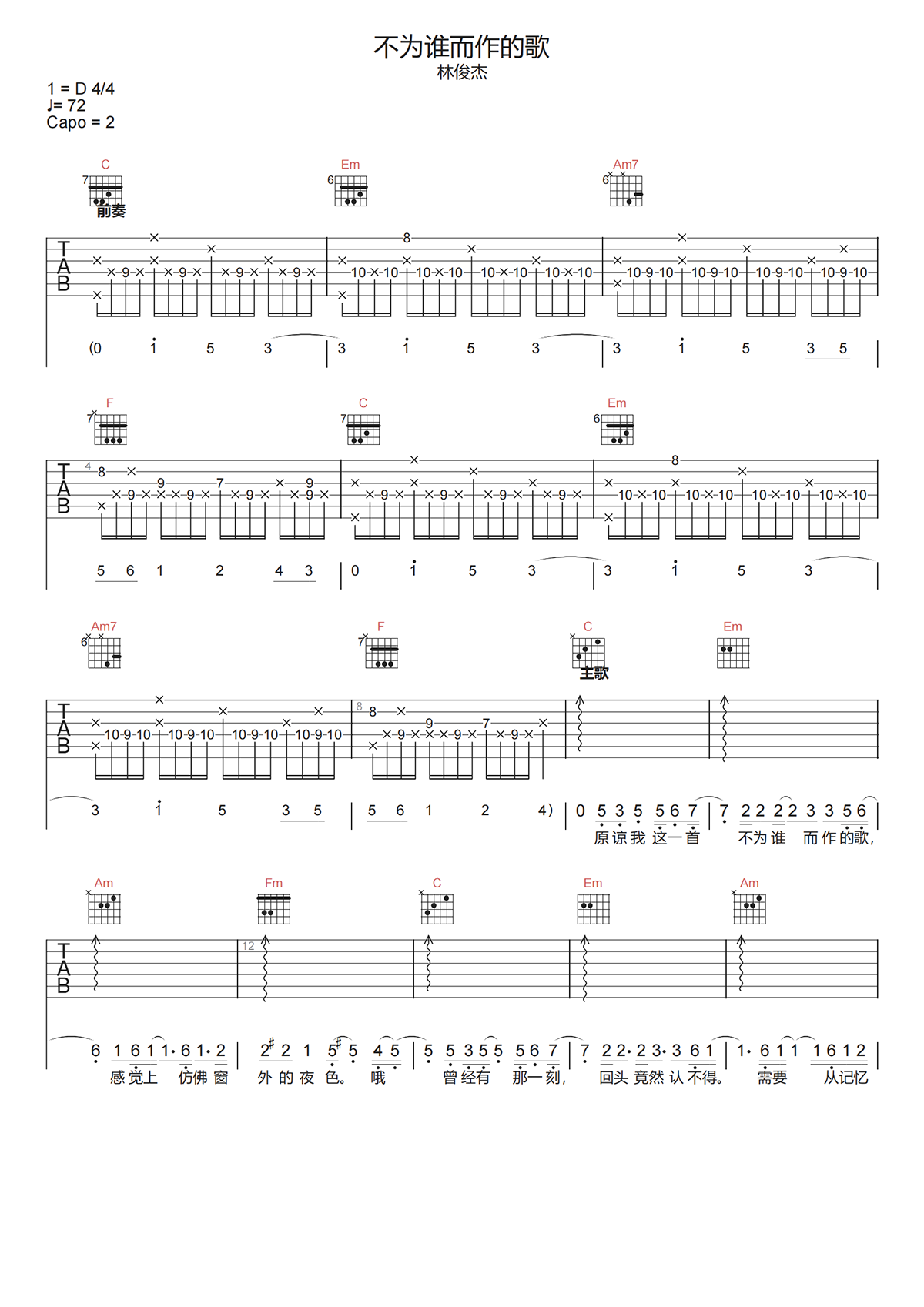 林俊杰《不为谁而作的歌吉他谱》C调高清原版六线谱