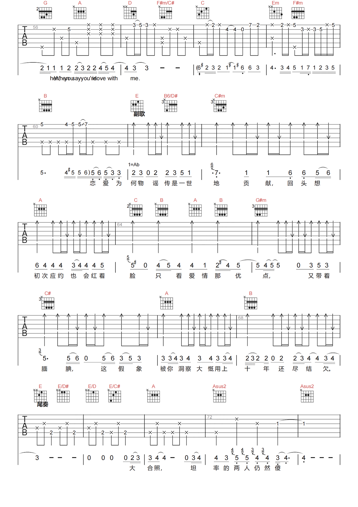 李克勤《恋爱为何物吉他谱》D调高清原版六线谱