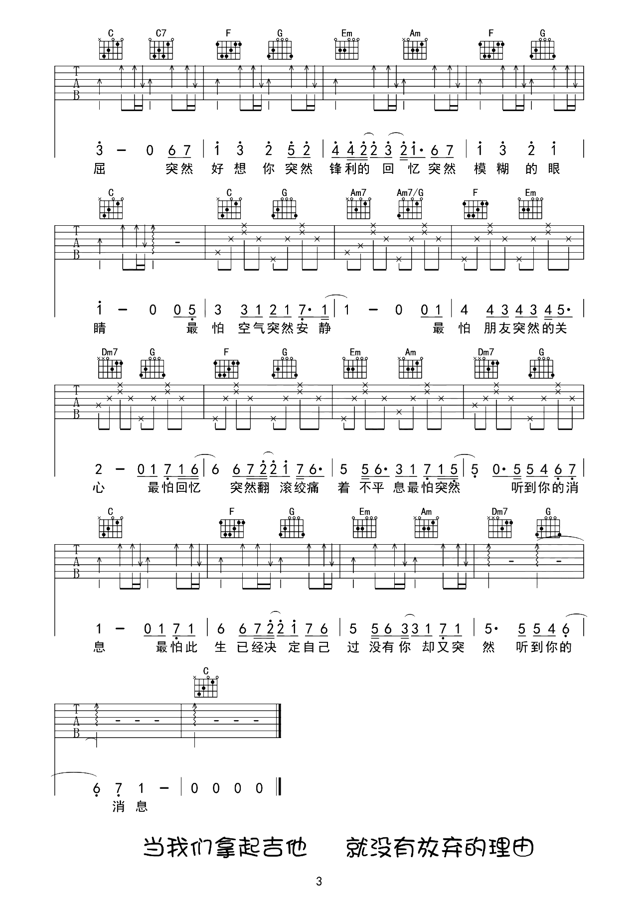 突然好想你吉他谱C调-五月天-原版六线谱-含教学示范