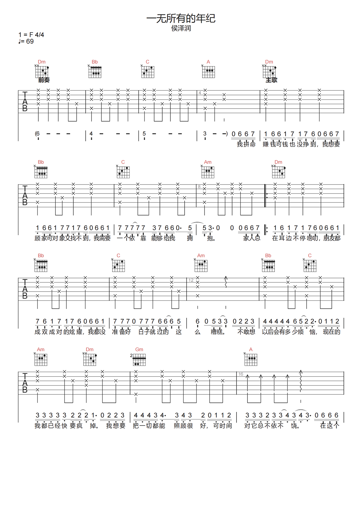 侯润泽《一无所有的年纪吉他谱》F调高清原版六线谱