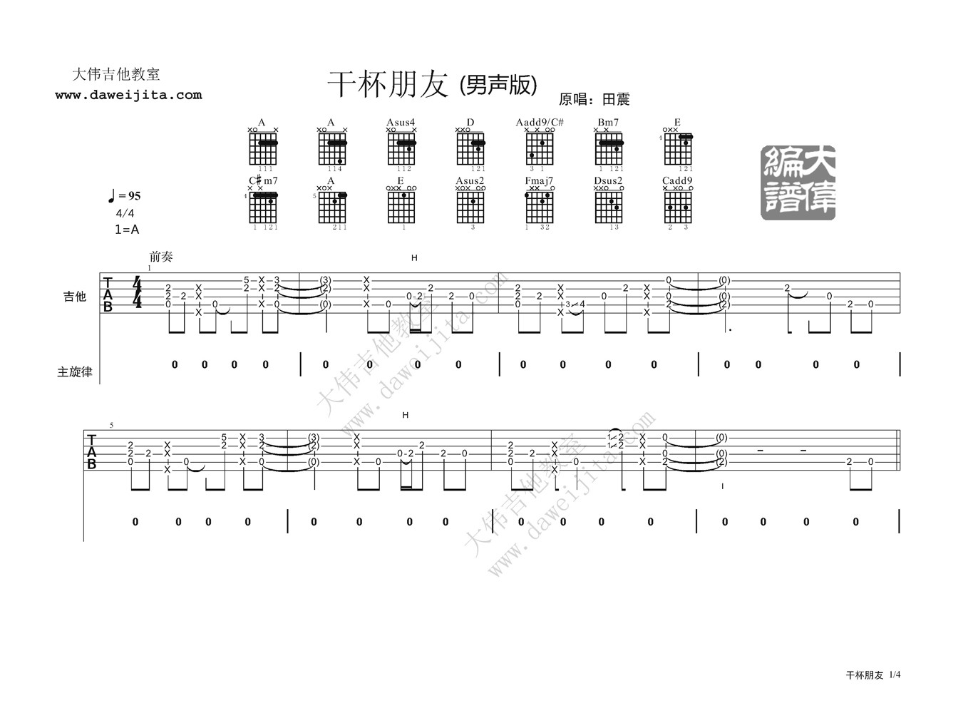 田震《朋友干杯吉他谱》A调原版